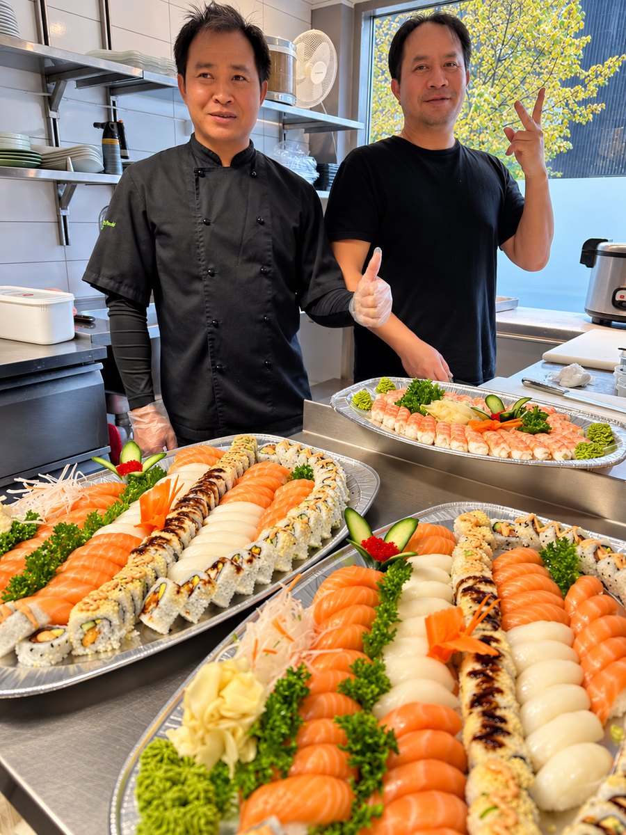 To av kokkene på kjøkkenet, med tre ferdige cateringfat i forgrunnen.