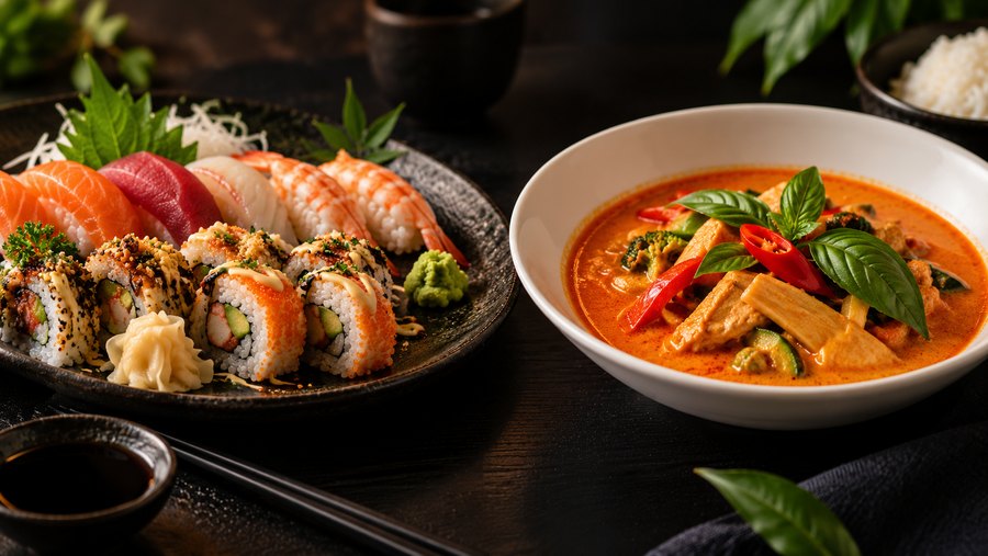 Sushifat og rød curry på mørkt bord.